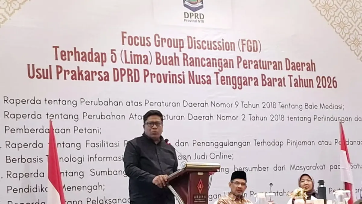 PAPARAN: Ketua Bapemperda DPRD NTB Ali Usman Ahim (berdiri) menyampaikan lima raperda inisiatif yang menjadi prioritas dalam Forum Group Discussion (FGD) di Hotel Aruna Senggigi, Selasa (14/4). (UMAR/LOMBOK POST)