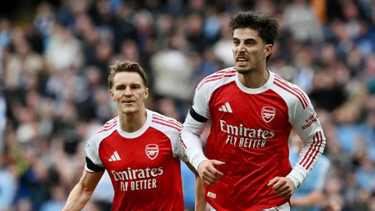 Pemain Arsenal Kai Havertz merayakan gol yang diciptakan ke gawang Manchester City. (ARSENAL.COM)