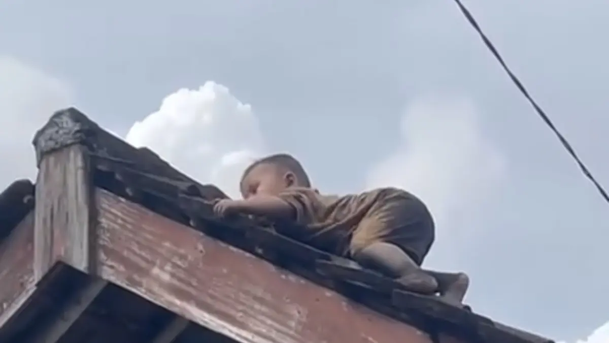 Viral di media sosial balita berbaring santai di atas genteng rumah di Desa Gonjak, Lombok Tengah. 