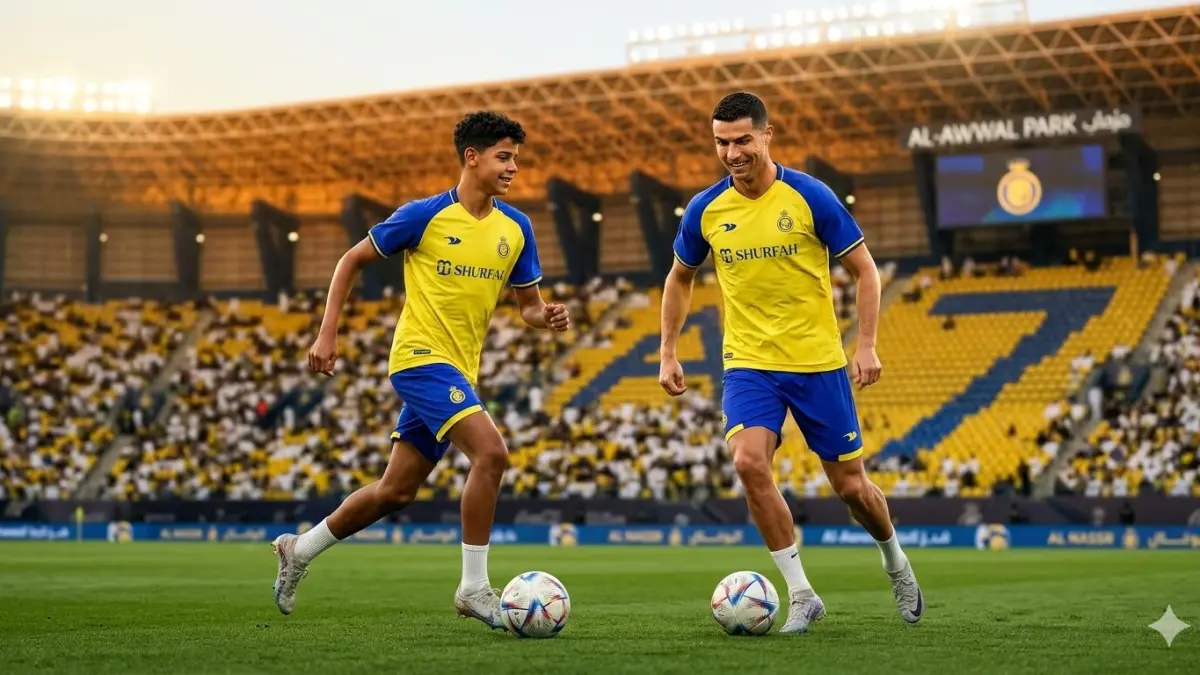 SEGERA MAIN BARENG: Cristiano Ronaldo merangkul putra sulungnya, Cristiano Ronaldo Jr., saat presentasi resmi sebagai pemain Al Nassr di Riyadh. Al Nassr segera mengikat Cristiano Jr untuk bermain bersama ayahnya.