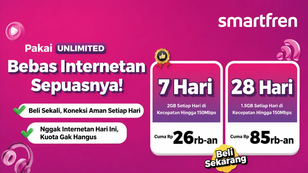 Paket unlimited Smartfren hadir mulai Rp25 ribuan. Internet sepuasnya dengan FUP harian, cocok untuk kerja, streaming, dan UMKM.