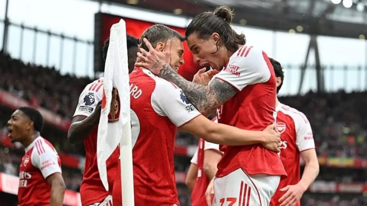 Pemain Arsenal merayakan gol ke gawang Fulham dalam lanjutan Liga Inggris. (ARSENAL.COM)