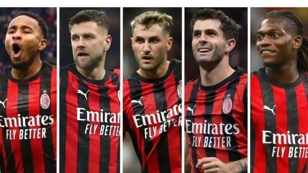 Barisan striker AC Milan: Christopher Nkunku, Niclas Fullkrug, Santiago Gimenez, Christian Pulisic, dan Rafael Leao yang kesemuanya tidak mampu menampilkan performa terbaik. (Istimewa) 