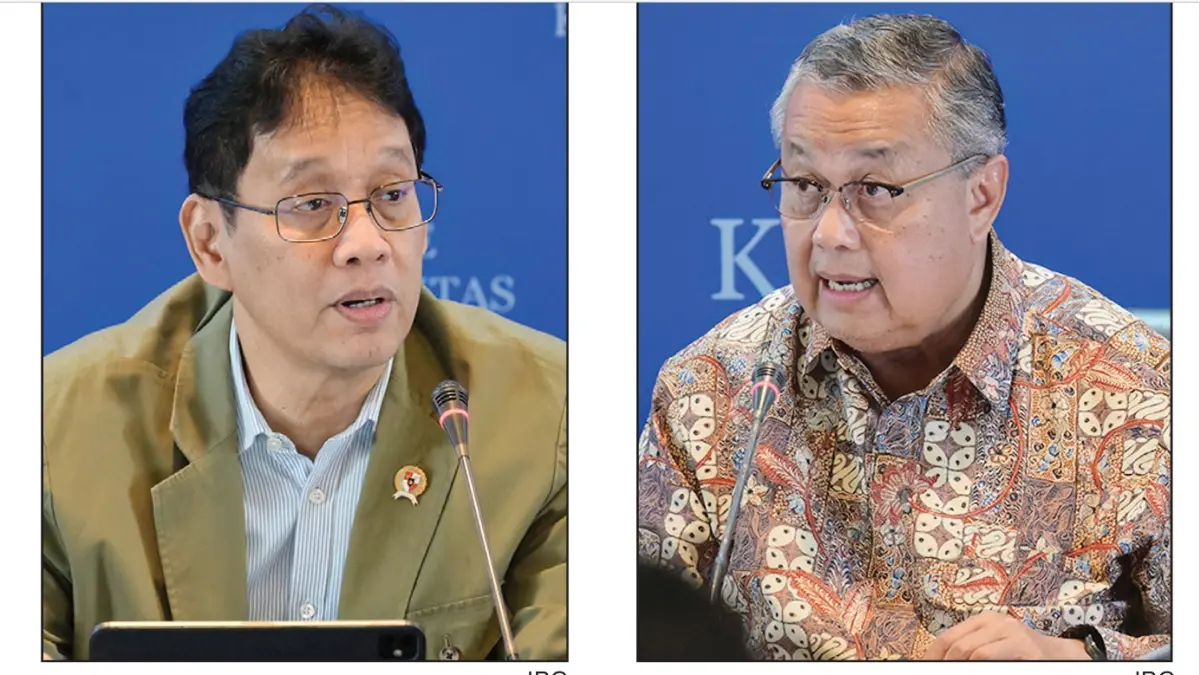 Gubernur BI Perry Warjiyo (kanan) dan Menteri Keuangan (Menkeu) Purbaya Yudhi Sadewa (kiri) saat menjelaskan upaya pemerintah dalam stabilisasi rupiah ditengah geopolitik. (JPG)