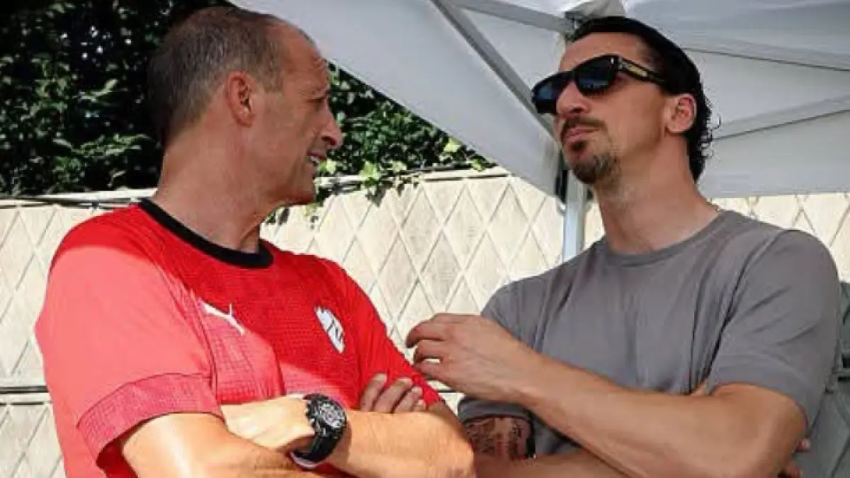 Pelatih AC Milan Massimiliano Allegri dan penasehat klub Zlatan Ibrahimovic yang dikabarkan merenggang hubungannya. (Istimewa) 