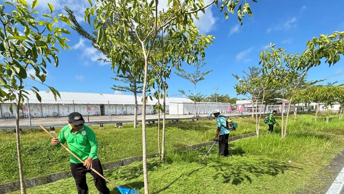 Sejumlah petugas kebersihan tampak membersihkan rumput di sekitar area Sirkuit Internasional Mandalika, Loteng, belum lama ini. (Dewi/Lombok Post) 
