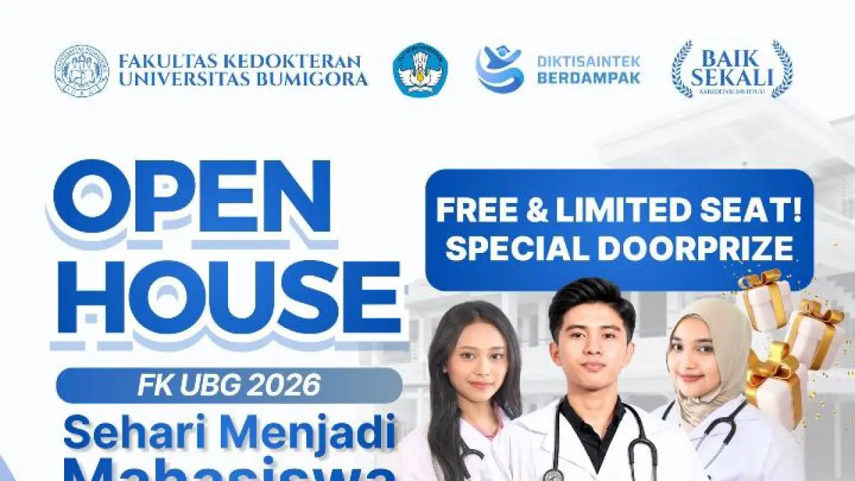 Flyer kegiatan Open House Fakultas Kedokteran Universitas Bumigora 2026 yang mengajak siswa SMA/MA sederajat merasakan pengalaman menjadi mahasiswa kedokteran sehari melalui kuliah mini, praktikum laboratorium, CSL, dan campus tour gratis pada 13 Juni 2026.