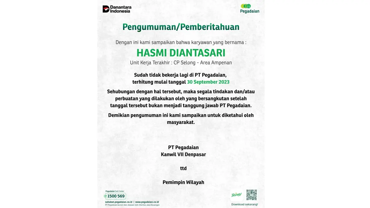 Pemberitahuan kepada Masyarakat Lombok, PT Pegadaian Kanwil VII Denpasar
