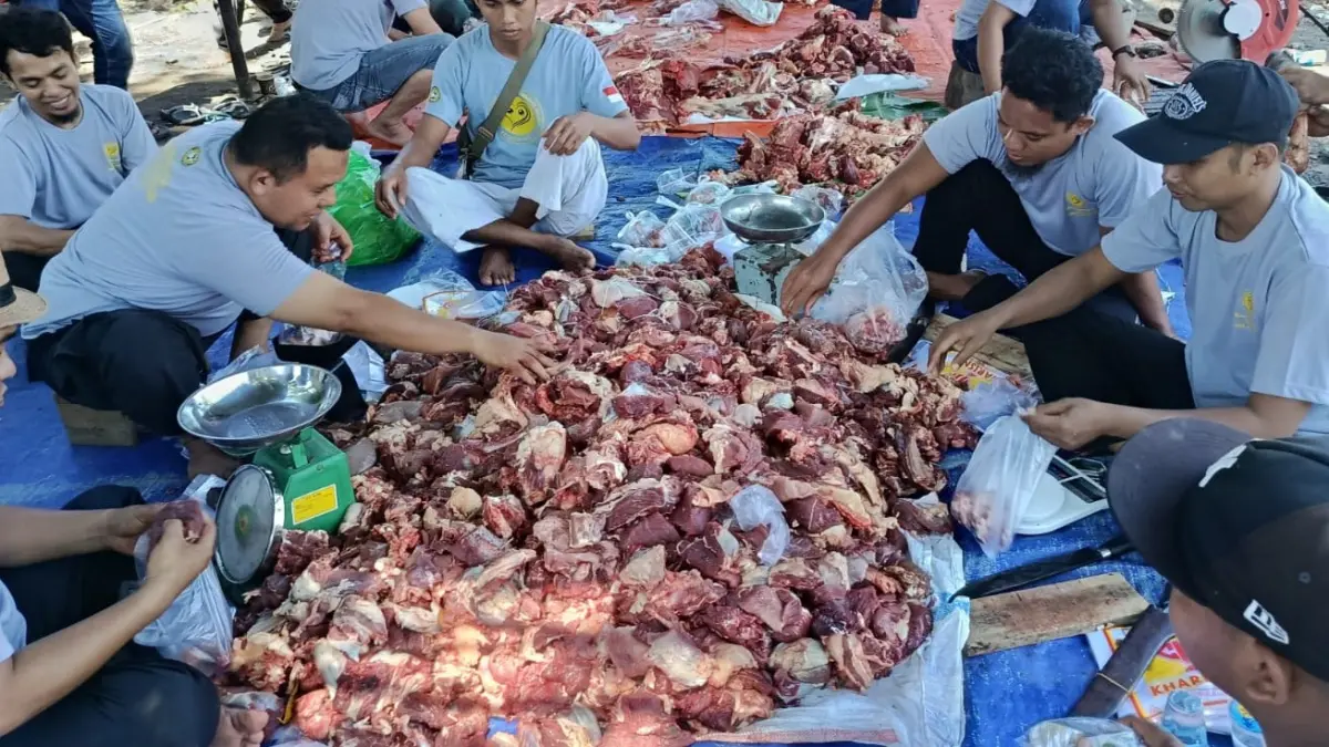 DAGING KURBAN: Panitia Kurban Masjid Al-Ikhlas Selagalas bergotong royong mengatur proses penyembelihan, penimbangan daging, hingga pengemasan untuk dibagikan kepada warga yang berhak menerima, Rabu (27/5).
