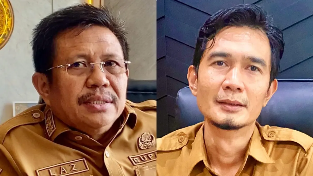 TARIK ASET LCC: Bupati Lombok Barat Lalu Ahmad Zaini (kiri) dan Kepala BKAD Lobar I Agus Wirawan Satra. (Toni/Lombok Post)