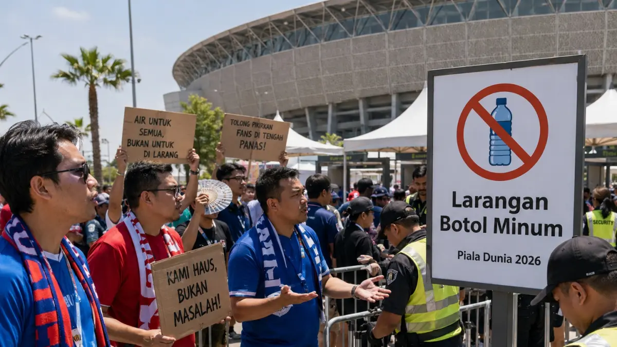 Ilustrasi pelarangan botol minum untuk piala dunia 2026. (AI)