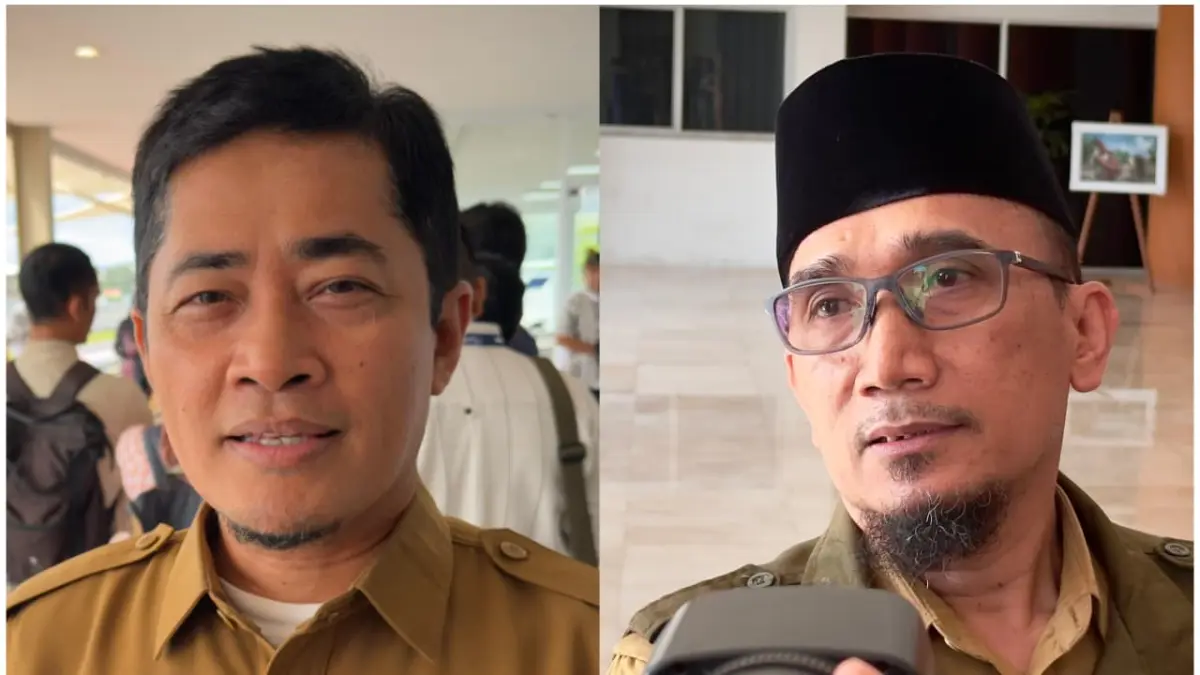 Kepala DPMPTSP NTB Irnadi Kusuma (kiri) dan Kepala Dinas ESDM NTB Syamsudin. (YUYUN/LOMBOK POST)