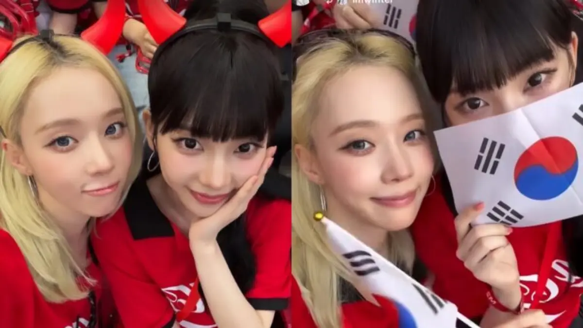 Winter dan Karina aespa hadir langsung memberikan dukungan saat Korea Selatan menghadapi Republik Ceko di Estadio Akron, Meksiko, pada 12 Juni. (Instagram/@imwinter)