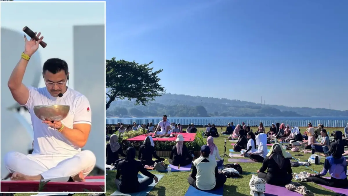 SUKSES: Merumatta Yoga Class di Hotel Merumatta Senggigi bareng Anjasmara menyedot animo ratusan peserta, Minggu (14/6).