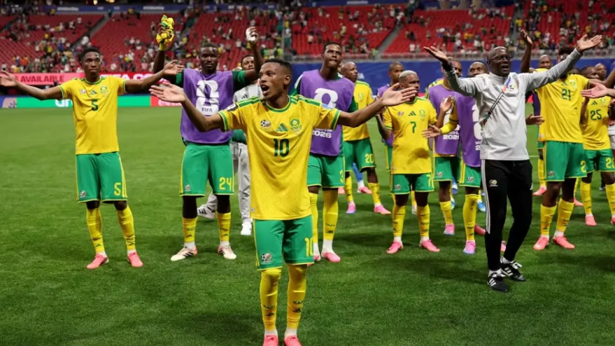 Pemain Afrika Selatan merayakan hasil imbang kontra Czechia di laga kedua Grup A Piala Dunia 2026. (FIFA)