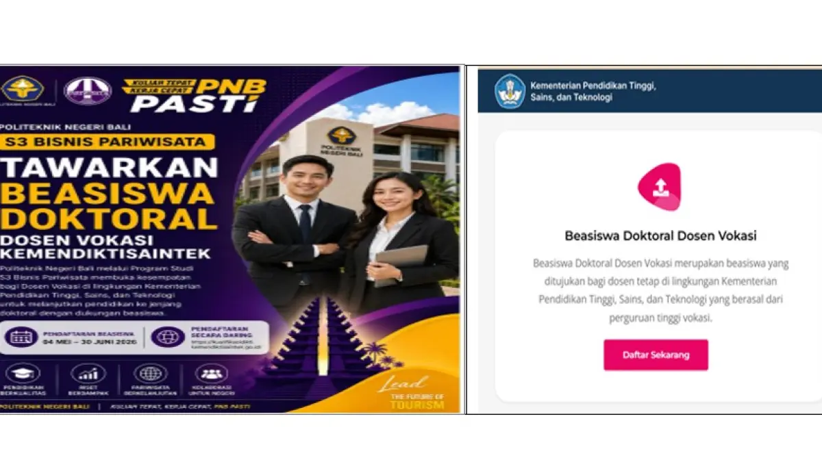  Program Studi S3 (Doktor) Pariwisata Politeknik Negeri Bali (PNB) selangkah semakin maju dengan menawarkan Beasiswa Doktoral Dosen Vokasi 2026.
