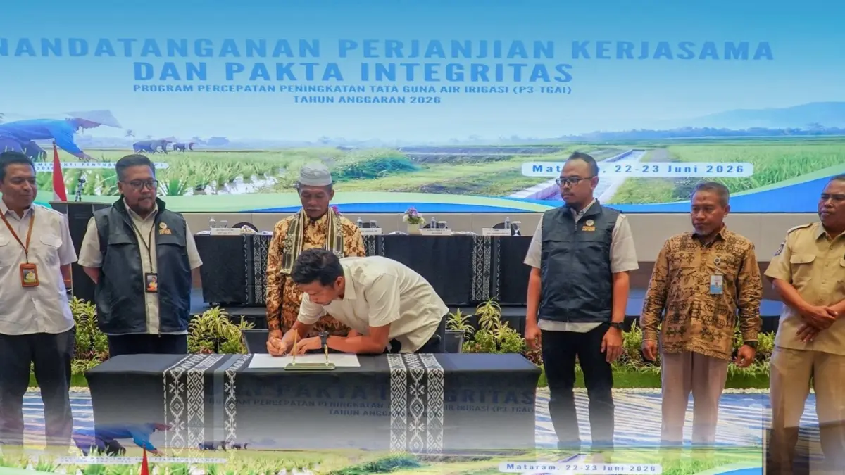 BBWS Nusa Tenggara I dan pihak terkait, saat melaksanakan penandatanganan PKS, Pakta Integritas, dan SPMK P3-TGAI Tahun Anggaran 2026 di Mataram, Senin (22/6).