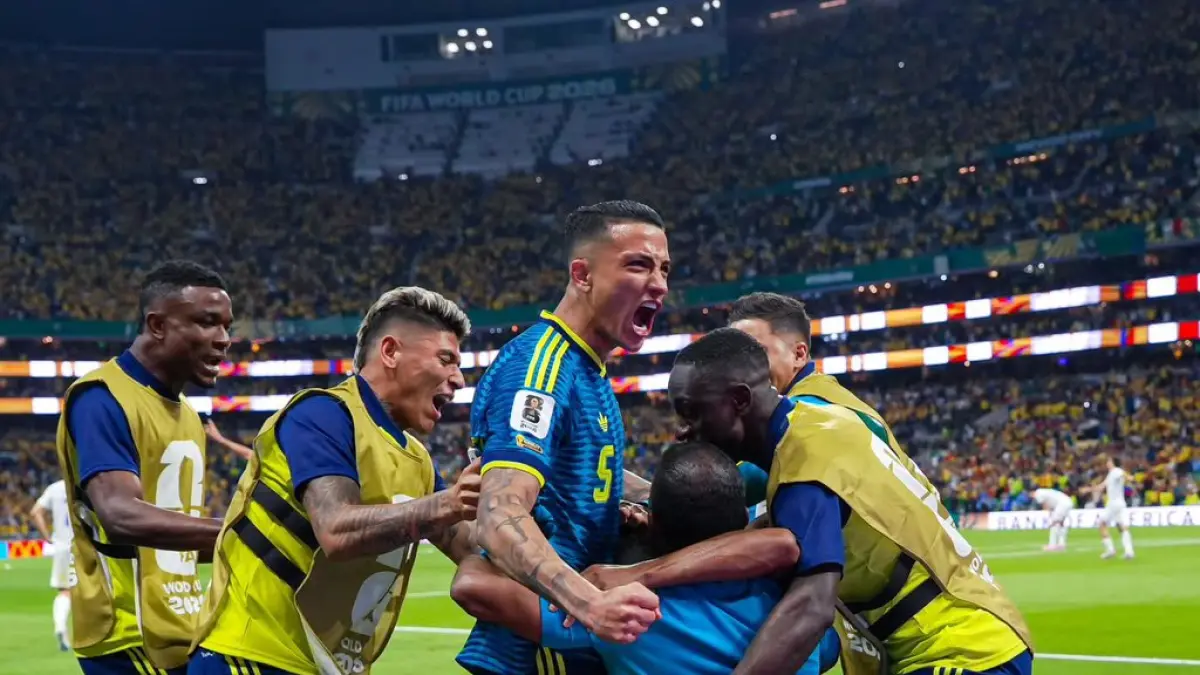 Para pemain Timnas Kolombia melakukan selebrasi dalam laga pertama Piala Dunia 2026 melawan Uzbekistan pekan lalu. 