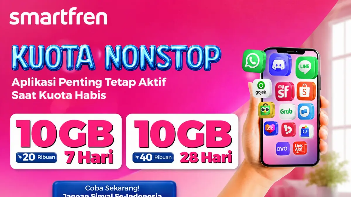 SMARTFREN Kuota Nonstop hadir mulai Rp15 ribuan. Kuota habis tetap bisa akses WhatsApp, belanja online, transportasi dan e-wallet.