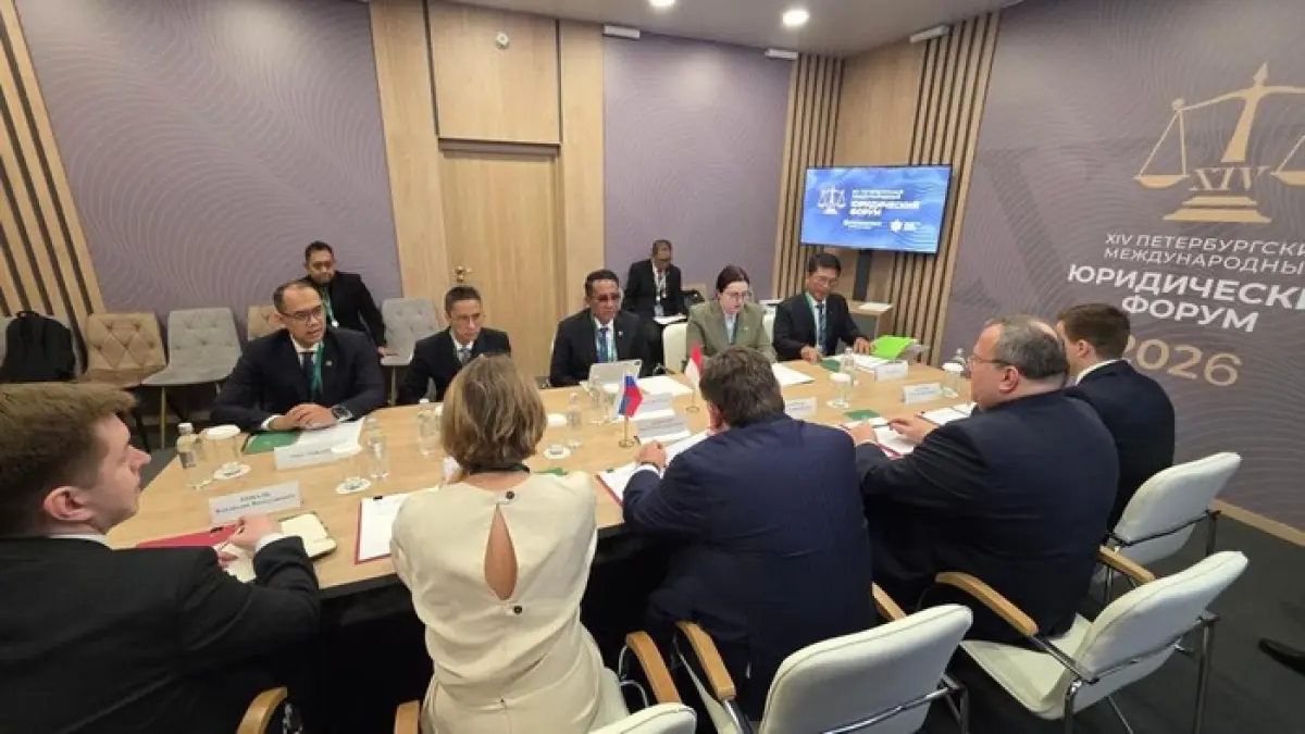 Menteri Hukum Supratman Andi Agtas memperkenalkan program Pos Bantuan Hukum Desa (Posbankum Desa) pada 14th St. Petersburg International Legal Forum (SPILF) 2026 di Rusia.