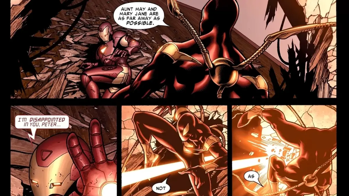 Tes kekuatan Iron Spider Armor melawan Iron Man. 