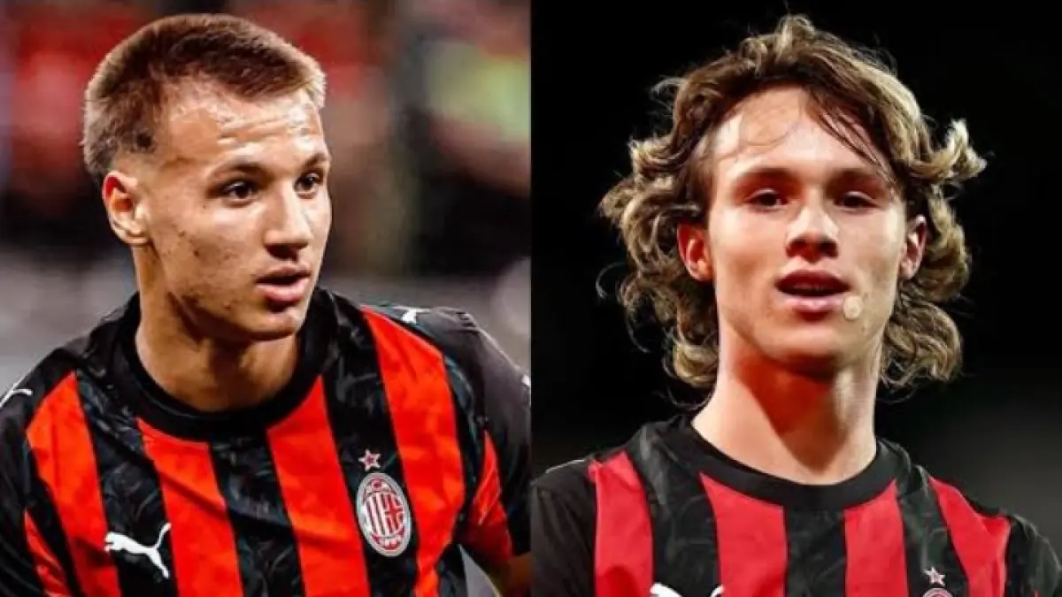 BAKAT MUDA: Dua pemain muda AC Milan Francesco Camarda dan Christian Comotto. (Istimewa) 