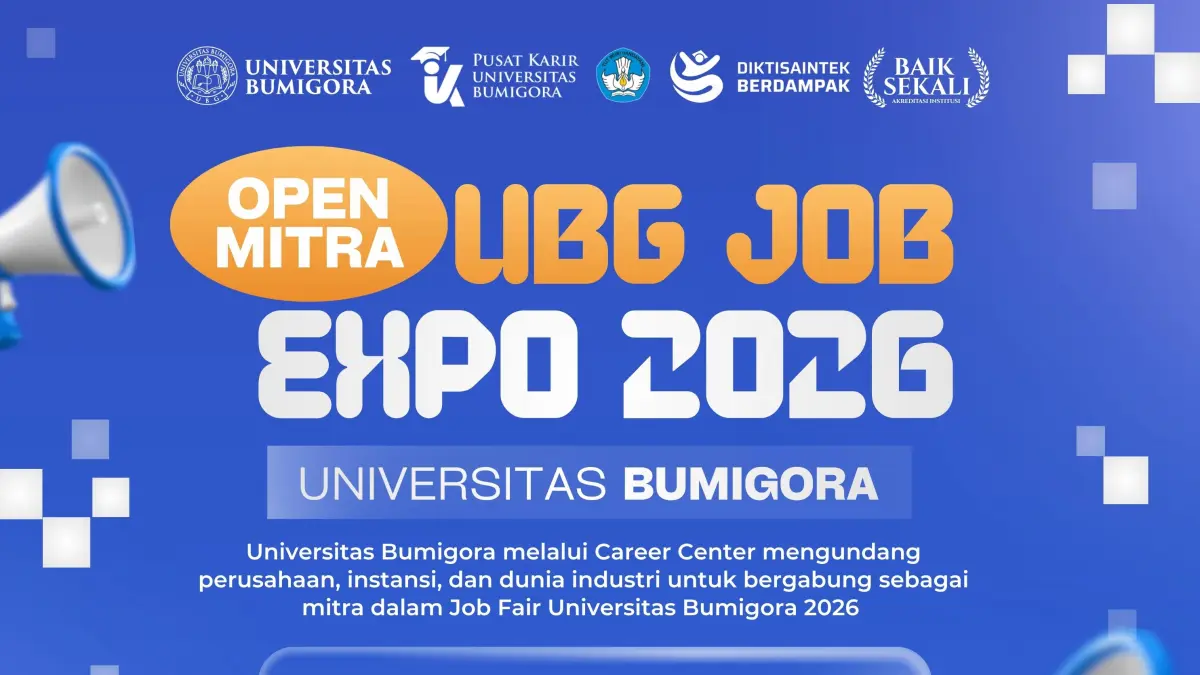 Career Center Universitas Bumigora menggelar UBG Job Fair Expo 2026 pada 14–15 Juli 2026 sebagai ajang mempertemukan mahasiswa, alumni, serta dunia industri untuk membuka peluang kerja, magang, dan memperkuat kolaborasi kampus dengan perusahaan.