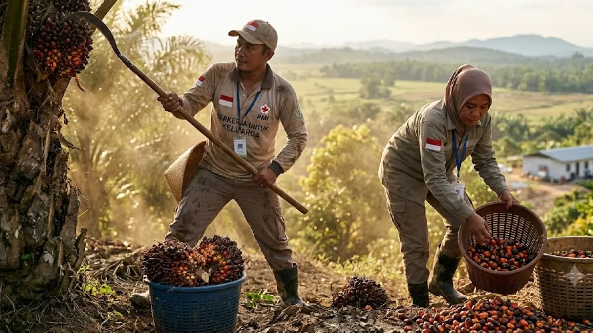 PAHLAWAN DEVISA: Dua orang Pekerja Migran Indonesia (PMI) tengah memanen dan mengumpulkan berondolan buah kelapa sawit. (Ilustrasi Gemini)