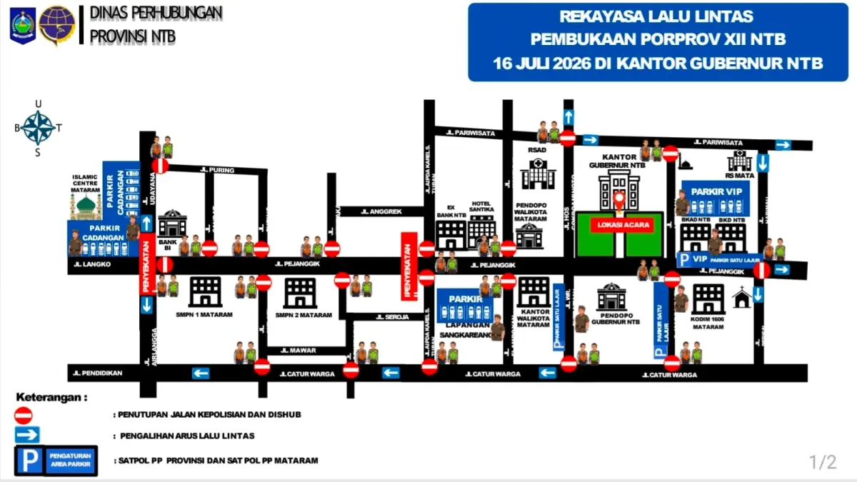 REKAYASA ARUS: Rekayasa arus kendaraan yang ditetapkan pemerintah NTB untuk menyambut upacara pembukaan dan Parade Atlet Pekan Olahraga Provinsi (PORPROV) XII NTB Tahun 2026, hari ini (16/7). (ISTIMEWA)