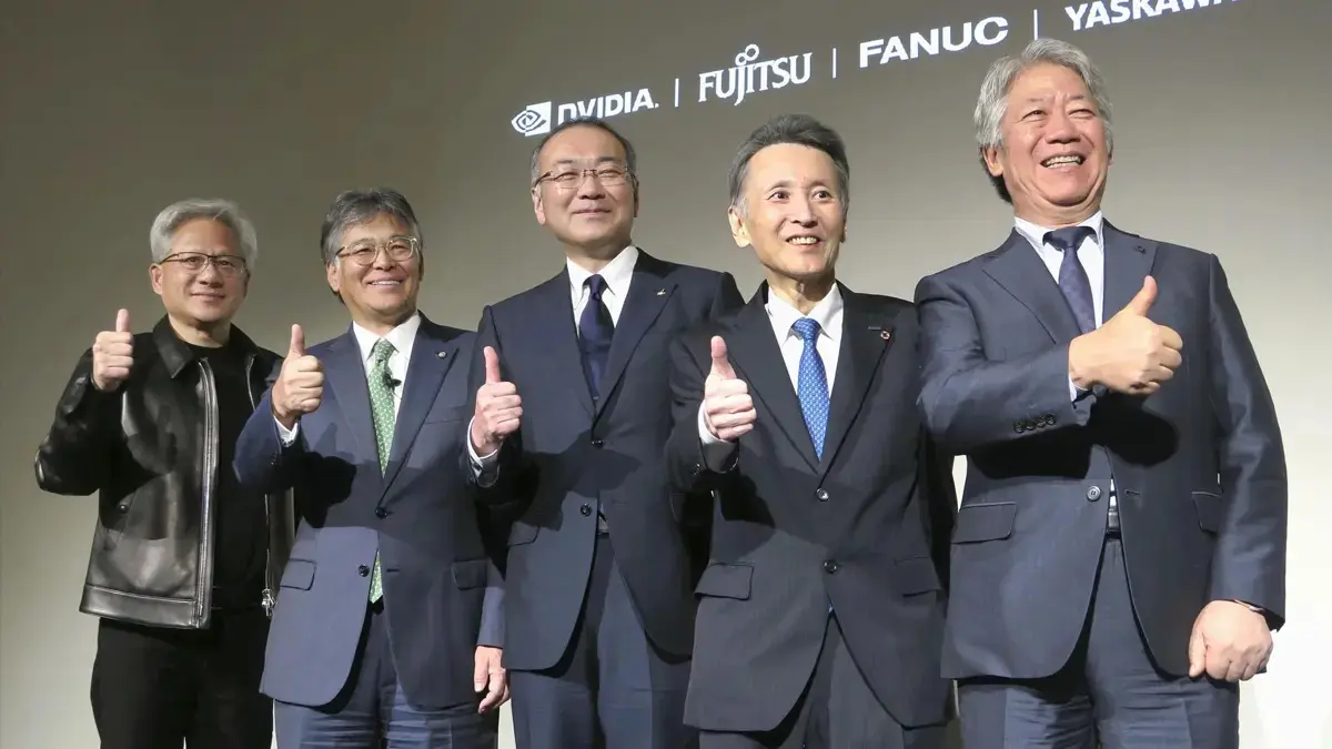 (Dari kiri ke kanan) CEO Nvidia Corp. Jensen Huang, Presiden Fujitsu Ltd. Takahito Tokita, Presiden Fanuc Corp. Kenji Yamaguchi, Wakil Ketua Yaskawa Electric Corp. Masahiro Ogawa, dan Presiden Kawasaki Heavy Industries Ltd. Yasuhiko Hashimoto menghadiri konferensi pers di Tokyo, 16 Juli 2026. (Kyodo)