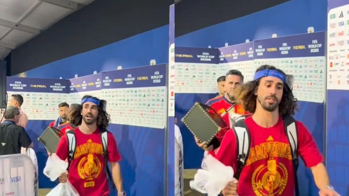 Aksi kocak Marc Cucurella bawa trofi Piala Dunia pakai tas plastik viral. Seolah trofi paling bergengsi sejagat itu tak ada harganya