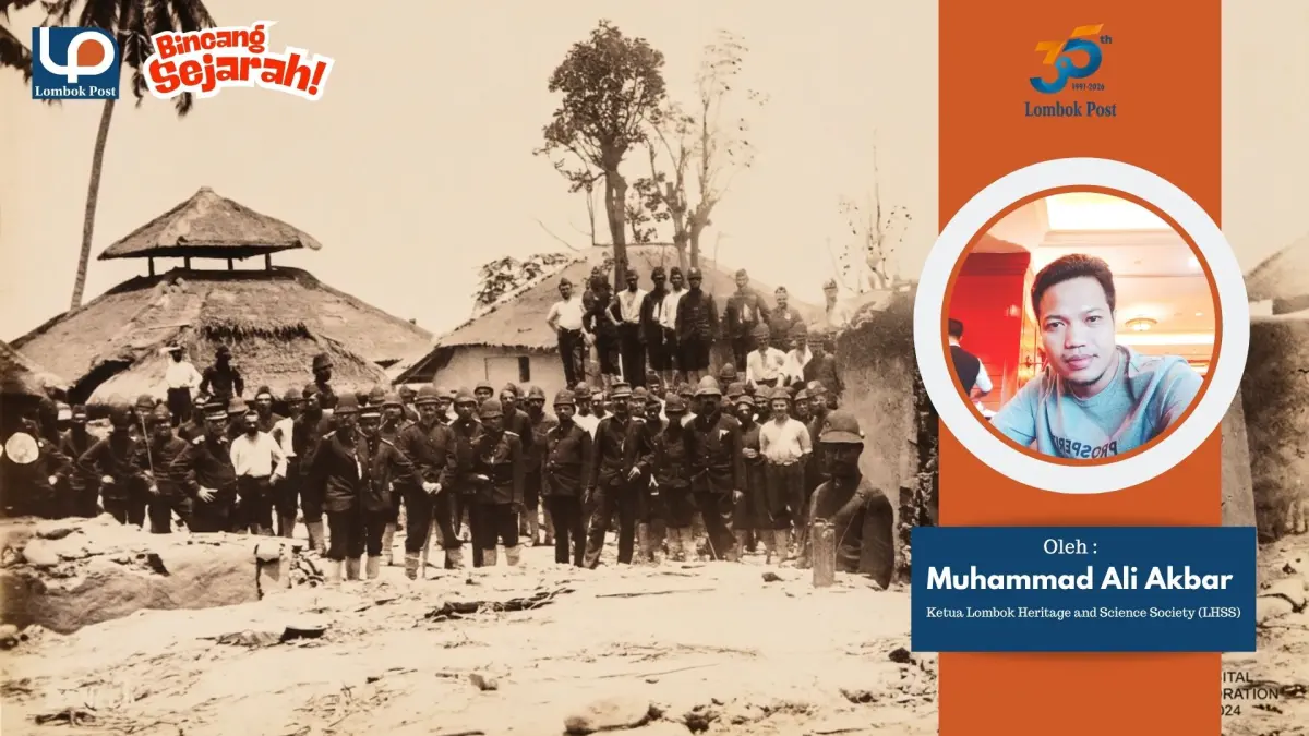 PERANG : Serdadu belanda berpose dengan latar Benteng Kaleh di Kekalik Mataram dalam agresi militer Belanda 1894 (Foto KITLV) Foto Depan : Penulis Muhammad Ali Akbar,dari Lombok Heritage and Science Society (LHSS)