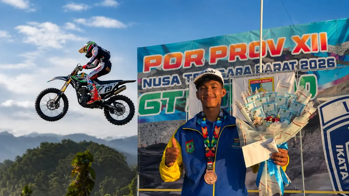 Mahasiswa UMMAT Muhammad Alwi meraih medali perunggu balap motor kategori grasstrack pada Porprov NTB 2026.
