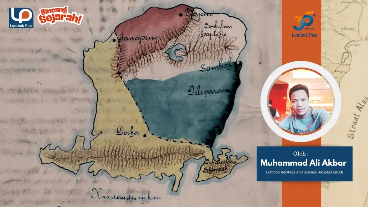 Ilustrasi peta bertulis tangan dalam Adatrechtbundels Bali en Lombok yang diterbitkan oleh Martinus Nijhoff pada 1918. Gambar ini merupakan visualisasi dari lontar tua bertahun 1543 yang ditemukan di Lombok Utara.