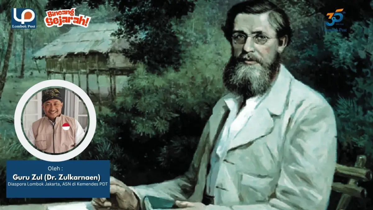 Lukisan ilmuan asal Inggris,  Alfred Russel Wallace dengan latar perkampungan nusantara (kanan) kiri Penulis Dr Zulkarnaen akrab disapa Guru Zul, Diaspora Lombok jakarta, ASN di Kemende  PDT.