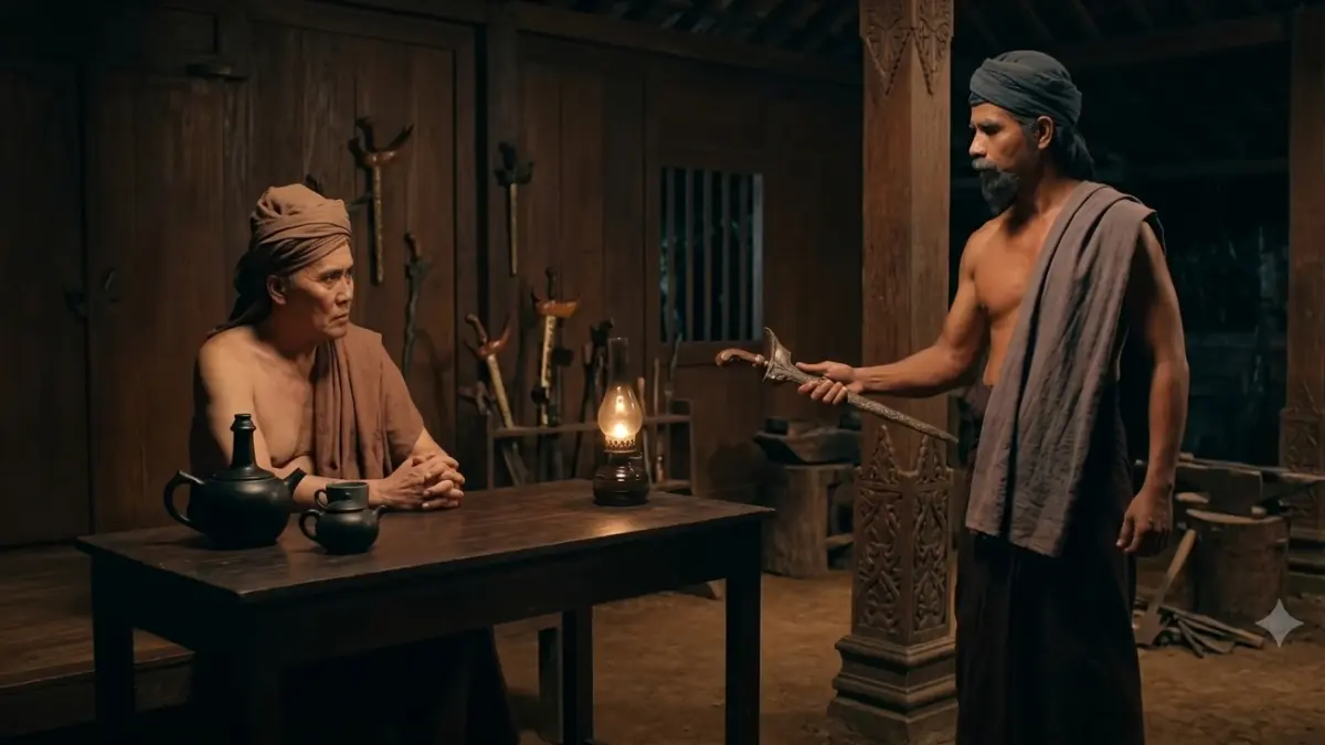 Pertemuan antara Mpu Hanggareksa (kiri) dan Mpu Ranubhaya (kanan) dalam film Tutur Tinular.