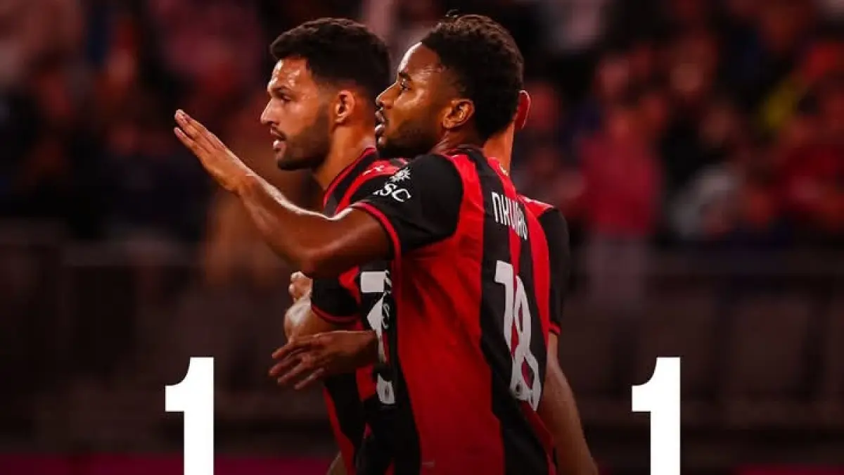 IMBANG: Christopher Nkunku usai mencetak gol bagi AC Milan dalam laga persahabatan kontra Inter Milan, di Australia. (Istimewa) 
