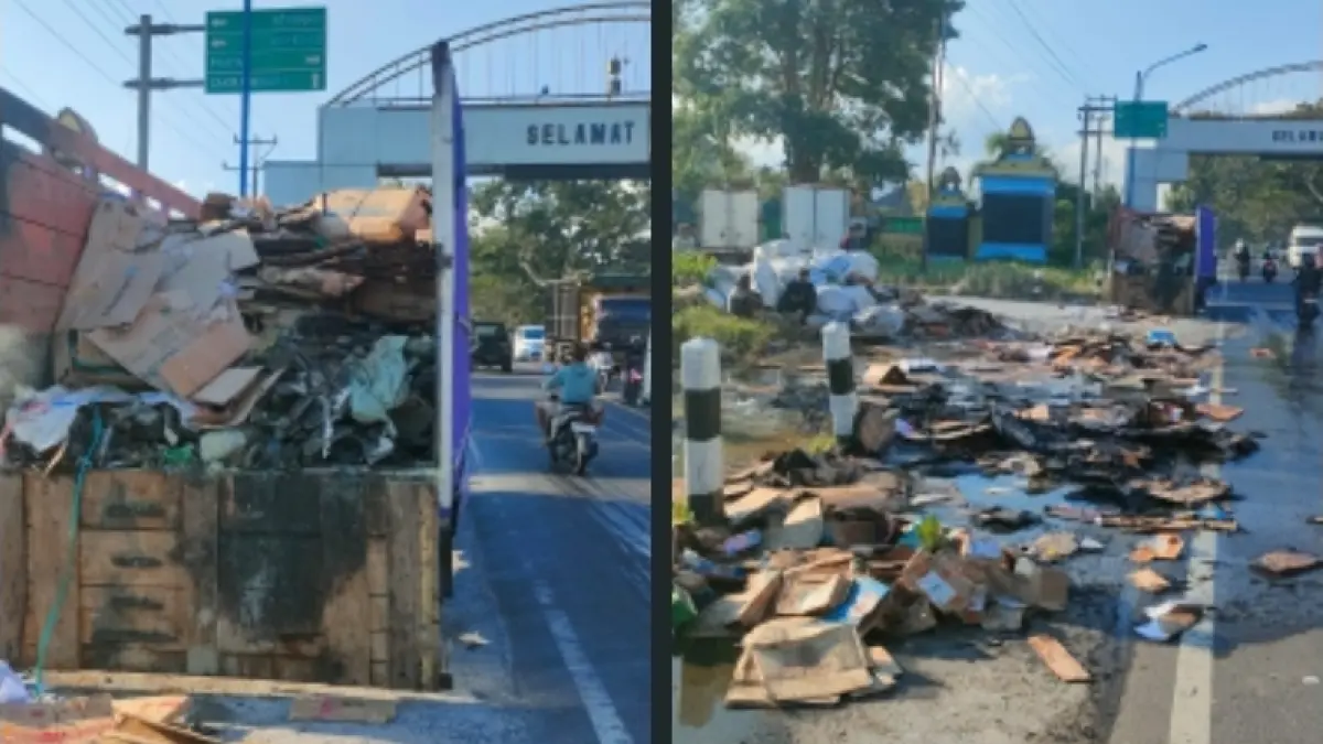 Sebuah mobil truk bermuatan kardus dilalap si jago merah saat melintas di Desa Bengkel, Kecamatan Labuapi, perbatasan Kabupaten Lombok Barat dan Kota Mataram, Selasa (11/8/2026) sore.