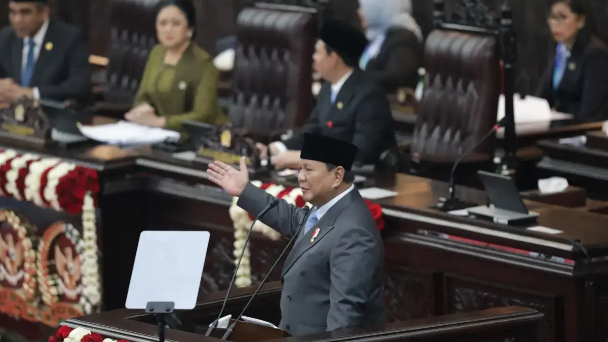 Pidato Presiden Prabowo Subianto dalam Sidang Tahunan MPR RI serta Sidang Bersama DPR RI dan DPD RI Tahun 2026 di Kompleks Parlemen, Jakarta, Jumat (14/8/2026). (Salman Toyibi/ Jawa Pos)