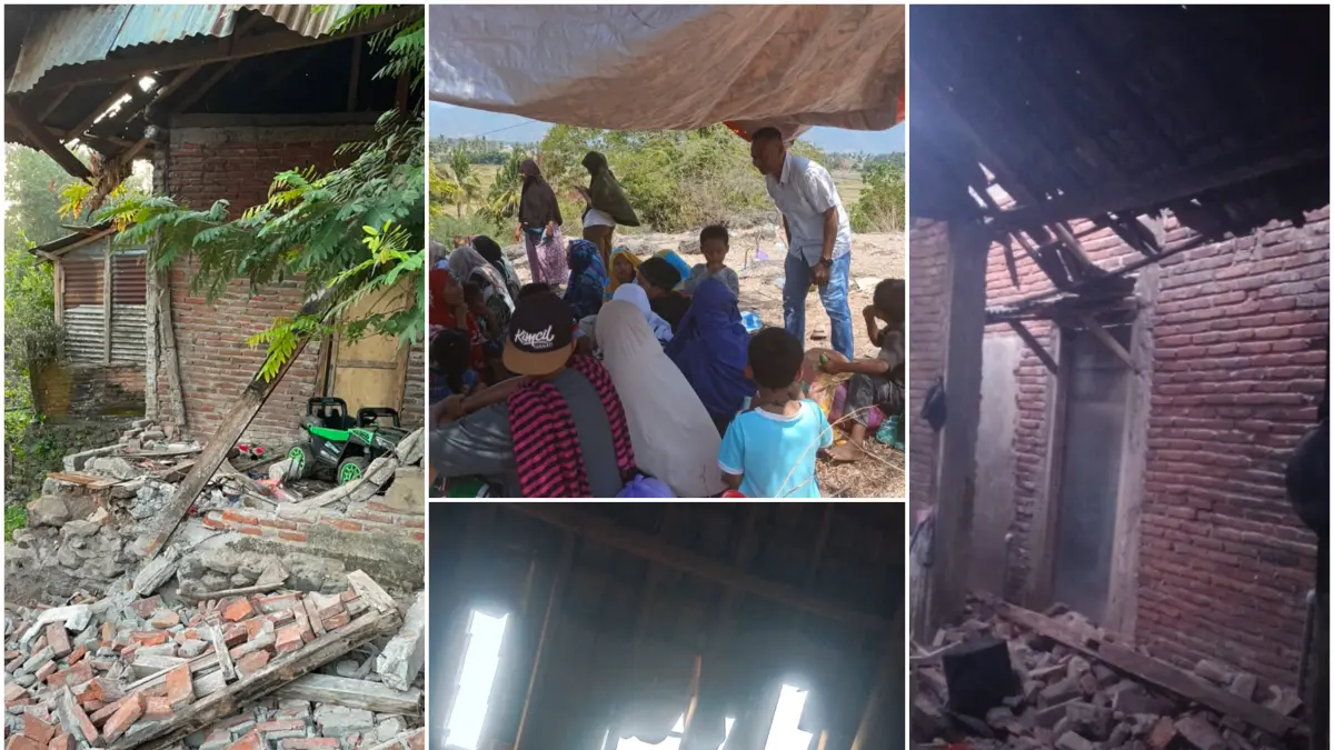 Sejumlah bangunan warga mengalami kerusakan akibat gempa bumi magnitudo 7,7 yang mengguncang wilayah Flores, NTT, Sabtu (15/8). Warga terdampak mengungsi ke lokasi yang lebih aman sebagai langkah antisipasi gempa susulan. (DOK.BPBD NTB)