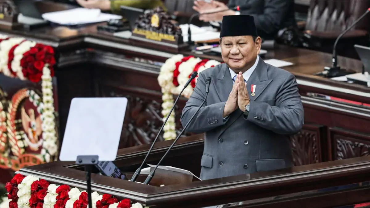 SIDANG TAHUNAN: Presiden Prabowo Subianto dalam Sidang Tahunan MPR dan Sidang Bersama DPR-DPD RI di Jakarta, Jumat (14/8). (JAWA POS)