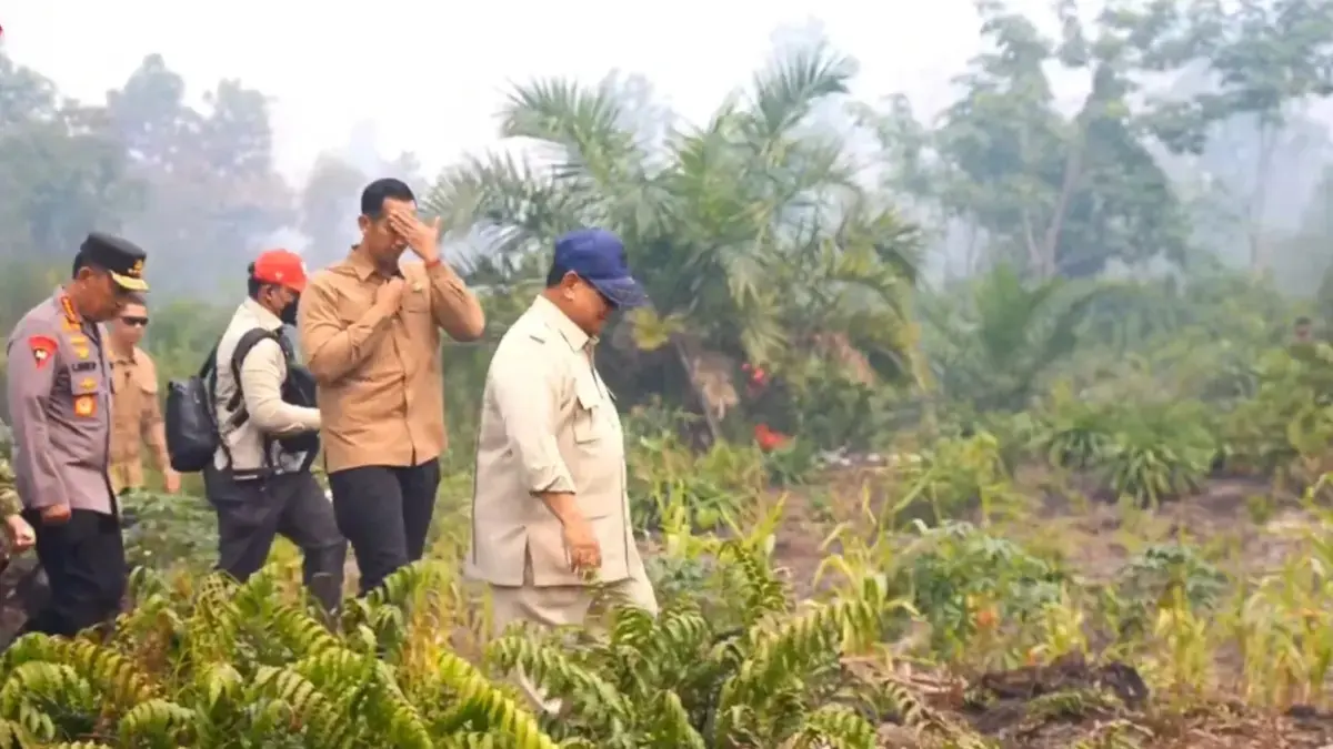 Presiden Prabowo Subianto meninjau lokasi karhutla di Kalimantan Barat pada Sabtu (22/8). (YouTube Setpres)