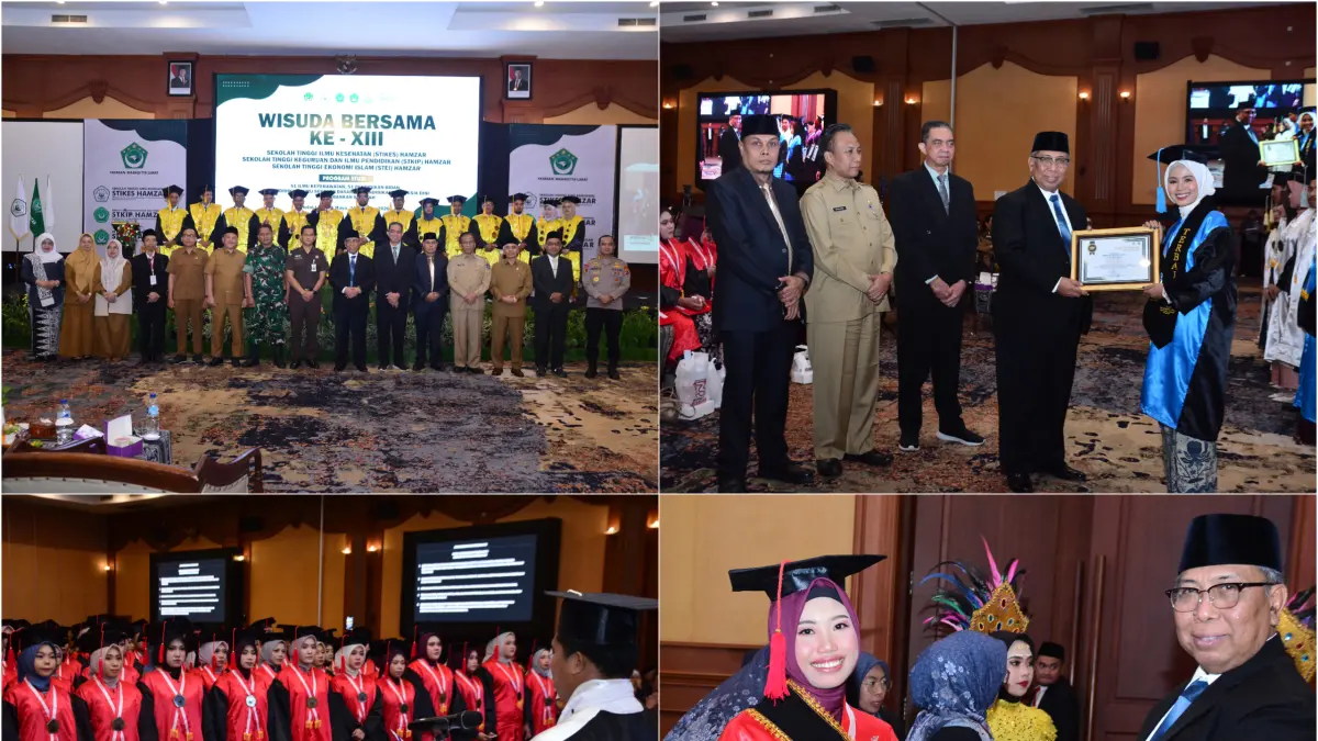 Kolase foto yang mengabadikan momen-momen penting dari acara Wisuda Bersama Ke-XIII STIKES Hamzar, STKIP Hamzar, dan STEI Hamzar, di Mataram, Senin (24/8). Acara ini penuh dengan kebanggaan, tradisi, dan pengakuan atas pencapaian akademik. (IST/LOMBOK POST)