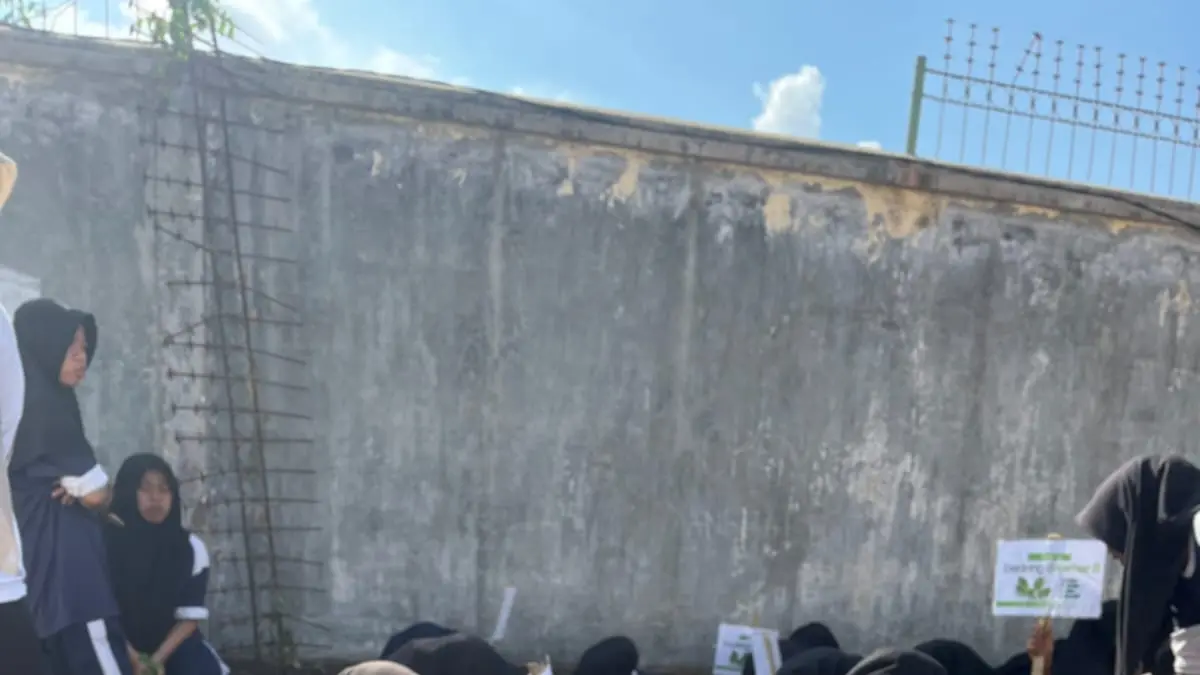 GERAKAN TANAM CABAI: Siswa SRMP 18 Lobar menanam cabai di halaman sekolah setempat, Kamis (27/8).