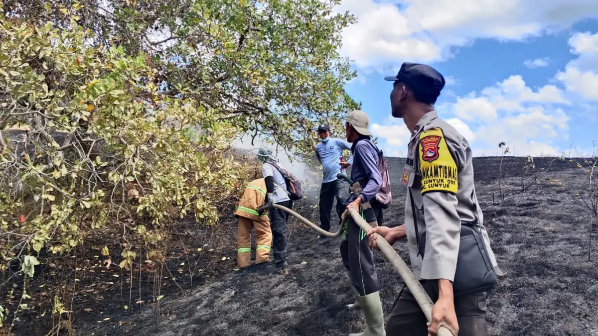 Petugas memadamkan api di Kilometer 84 Jalan Lintas Sumbawa-Lunyuk, Dusun Jelapang, Desa Lunyuk Rea, Kecamatan Lunyuk, Kabupaten Sumbawa, Kamis (27/8) siang.