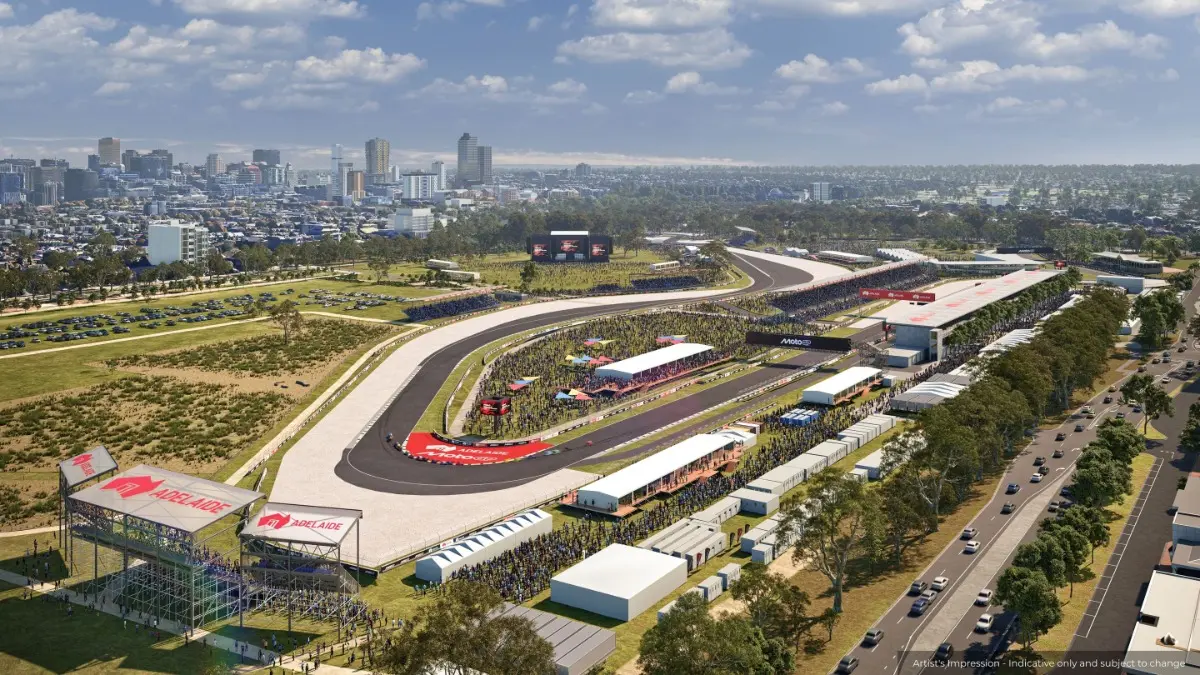 SIRKUIT BARU: Sirkuit MotoGP Adelaide 2027 resmi diperkenalkan. Lintasan 4,13 km dan 15 tikungan siap membawa GP Australia ke pusat kota. (motogp.com)