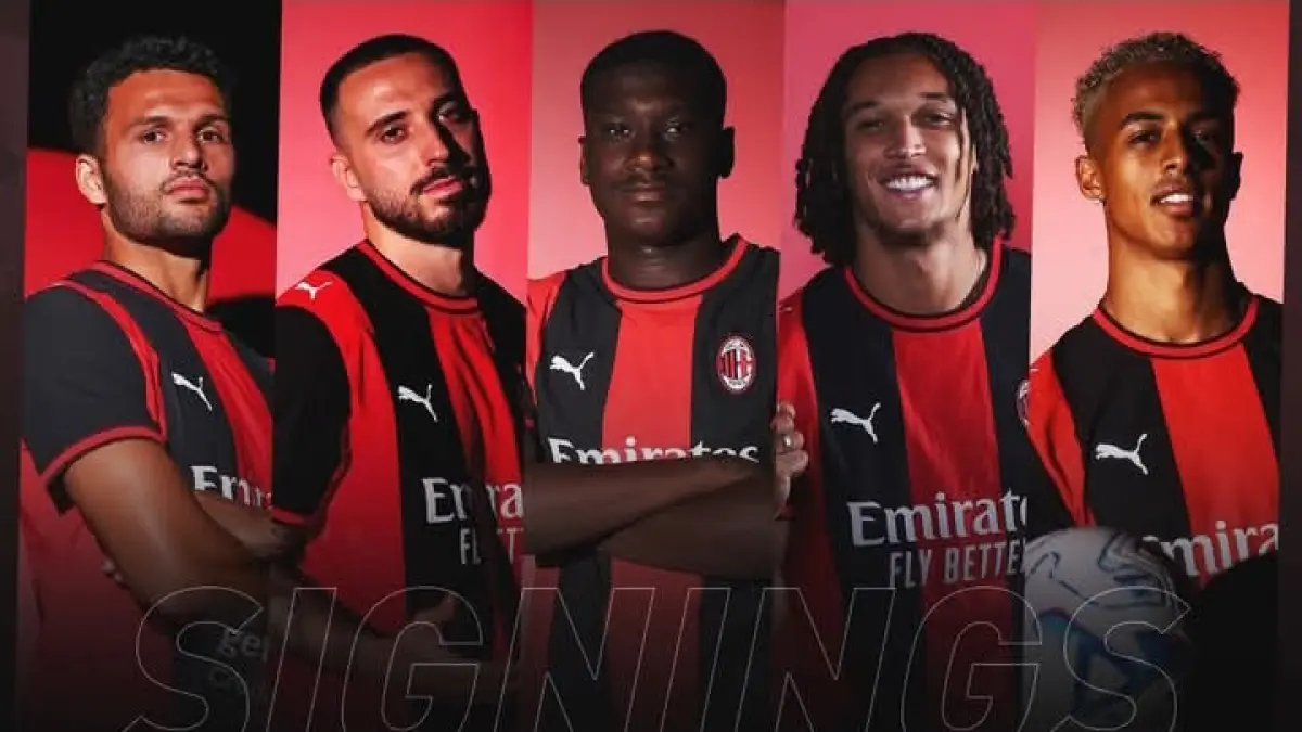 AMUNISI ANYAR: Lima pemain baru AC Milan, Goncalo Ramos, Mario Gila, Sankhoun Diawara, Diego Moreira, dan Omari Hutchinson. (Istimewa) 