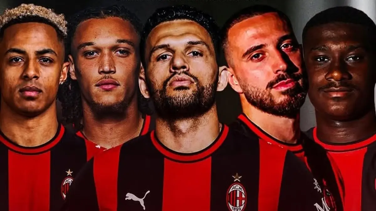 BANGUN TIM: Lima rekrutan anyar AC Milan, Omari Hutchinson, Diego Moreira, Goncalo Ramos, Mario Gila, Sankhoun Diawara. (Istimewa) 