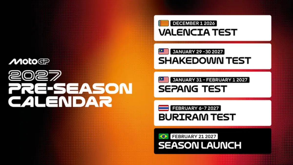 MotoGP 2027 memasuki era baru dengan motor 850cc. Simak jadwal lengkap tes pramusim, Tes Valencia, Sepang, Buriram hingga peluncuran musim. (motogp.com)