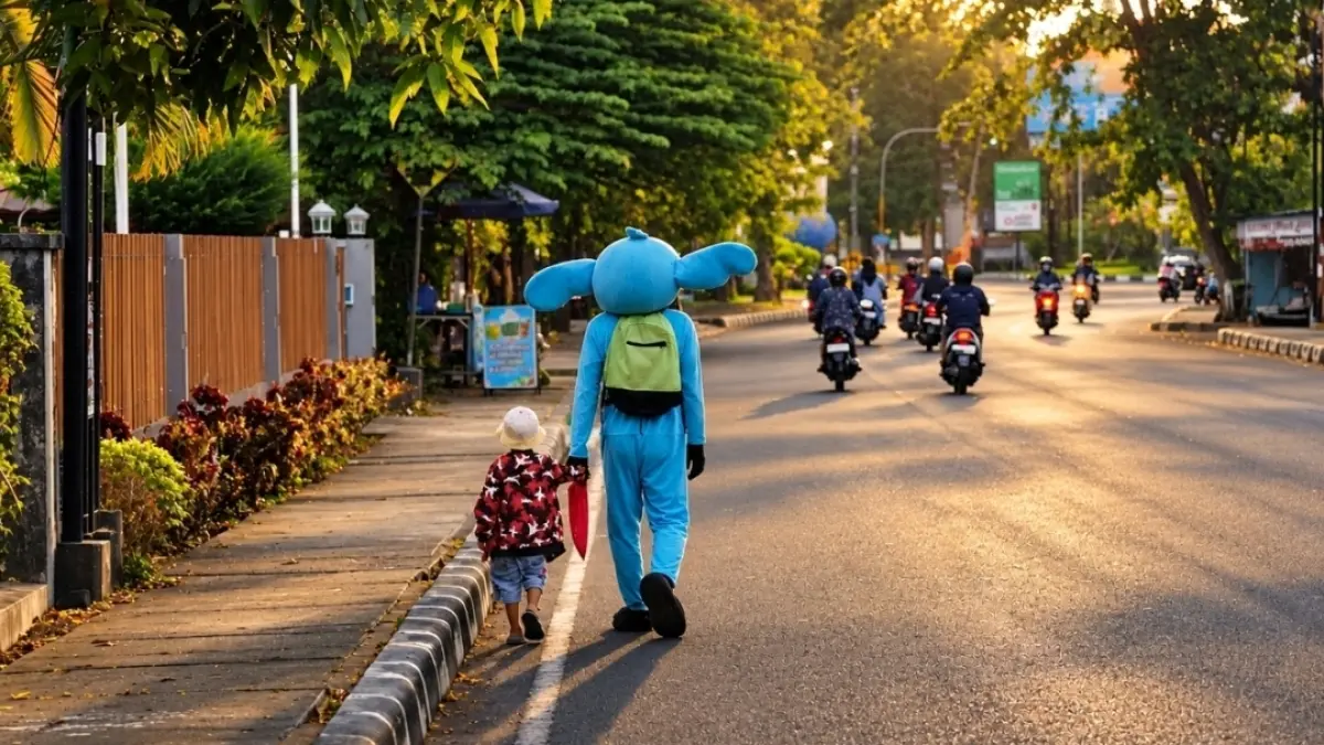 Badut tengah menuntun seorang anak kecil di jalan Bung Hatta, Kota Mataram, beberapa waktu lalu.